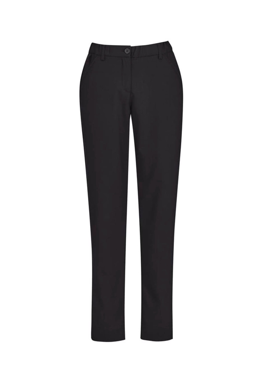Slim leg pant in black, featuring a comfort waist design and pockets, showcased against a plain background.