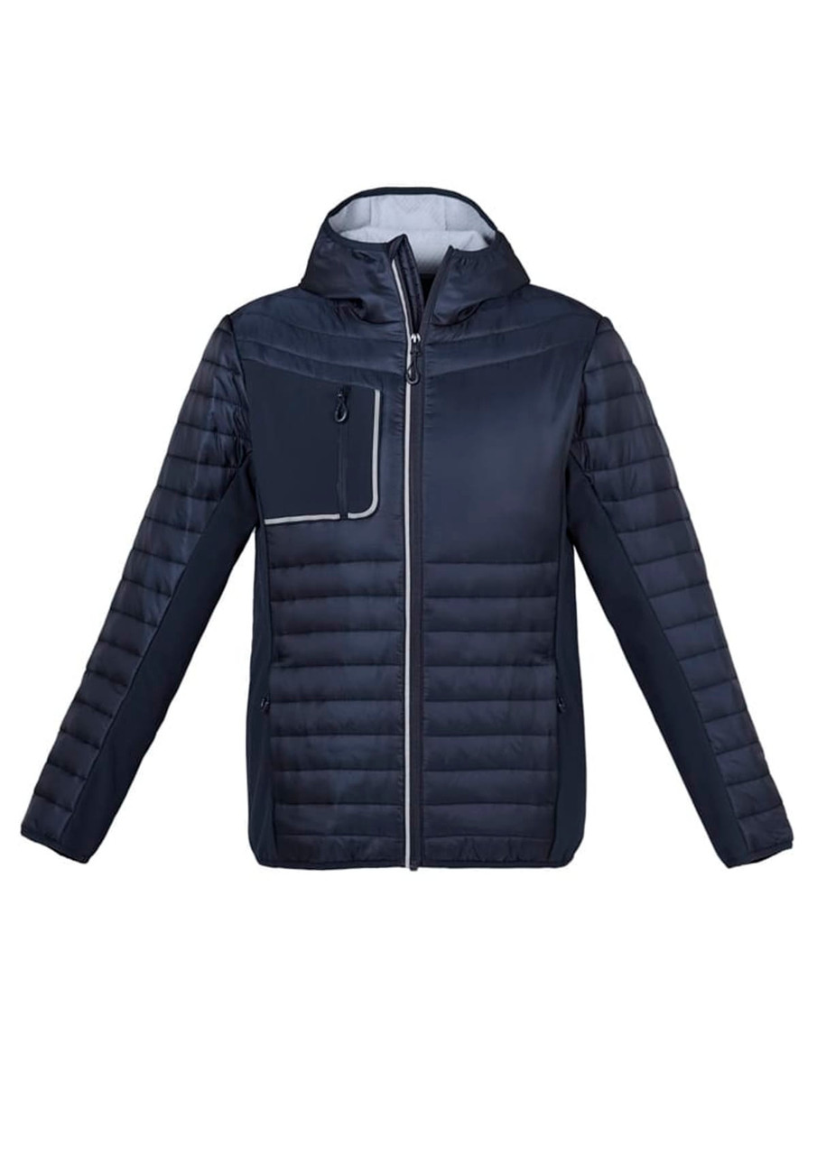 A navy unisex patrol jacket featuring a zip front, hood, and a pocket on the chest. Includes a logo on the jacket.
