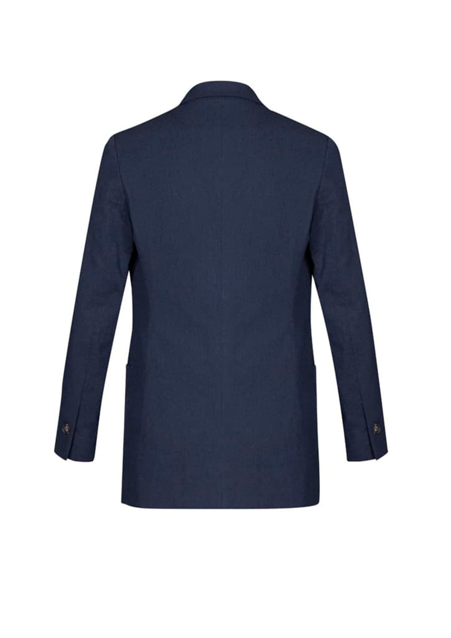 A navy women's blazer featuring a tailored back design with long sleeves and two pockets.