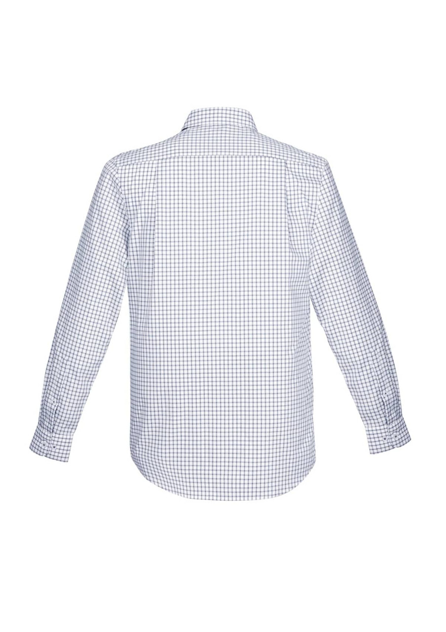 A long-sleeve button-up shirt in a blue and white check pattern, featuring a collar and a logo.