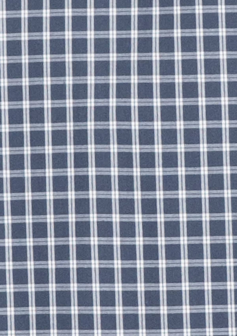 A patterned fabric featuring a navy blue and white check design, suitable for a long sleeve shirt.