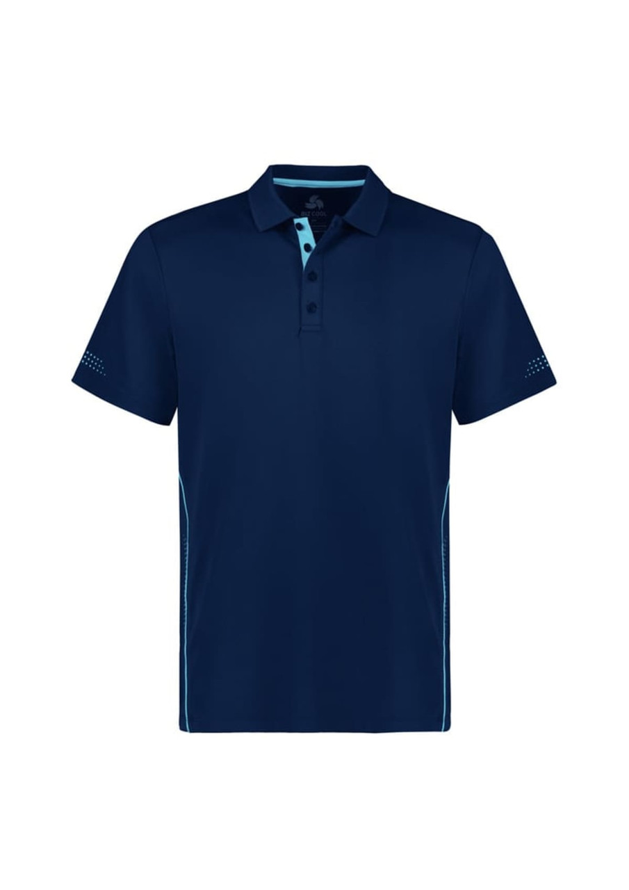 A navy blue men's short sleeve polo shirt with a subtle logo and light blue accents on the collar and sides.