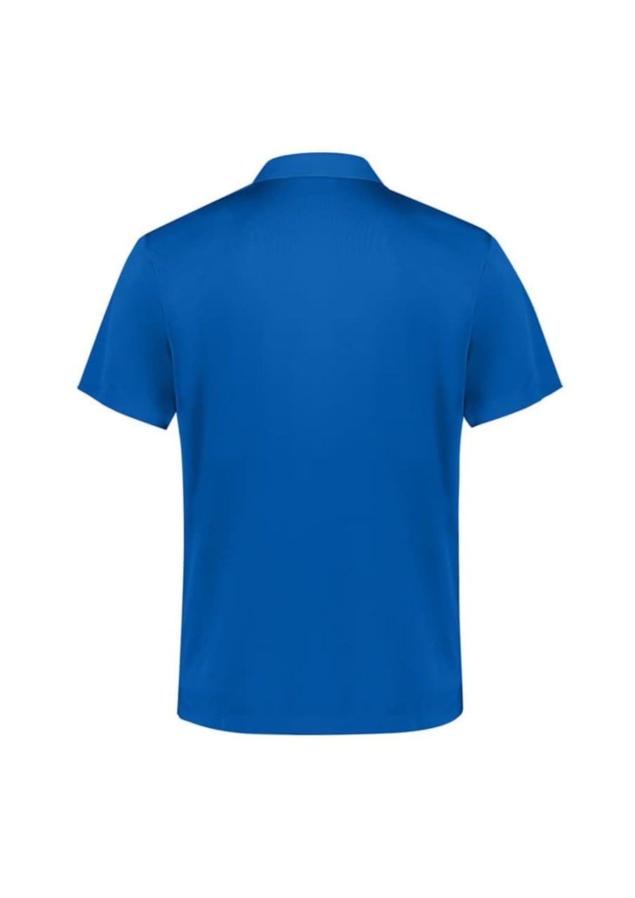 A blue men's short sleeve polo shirt with a plain design and a logo on the back.
