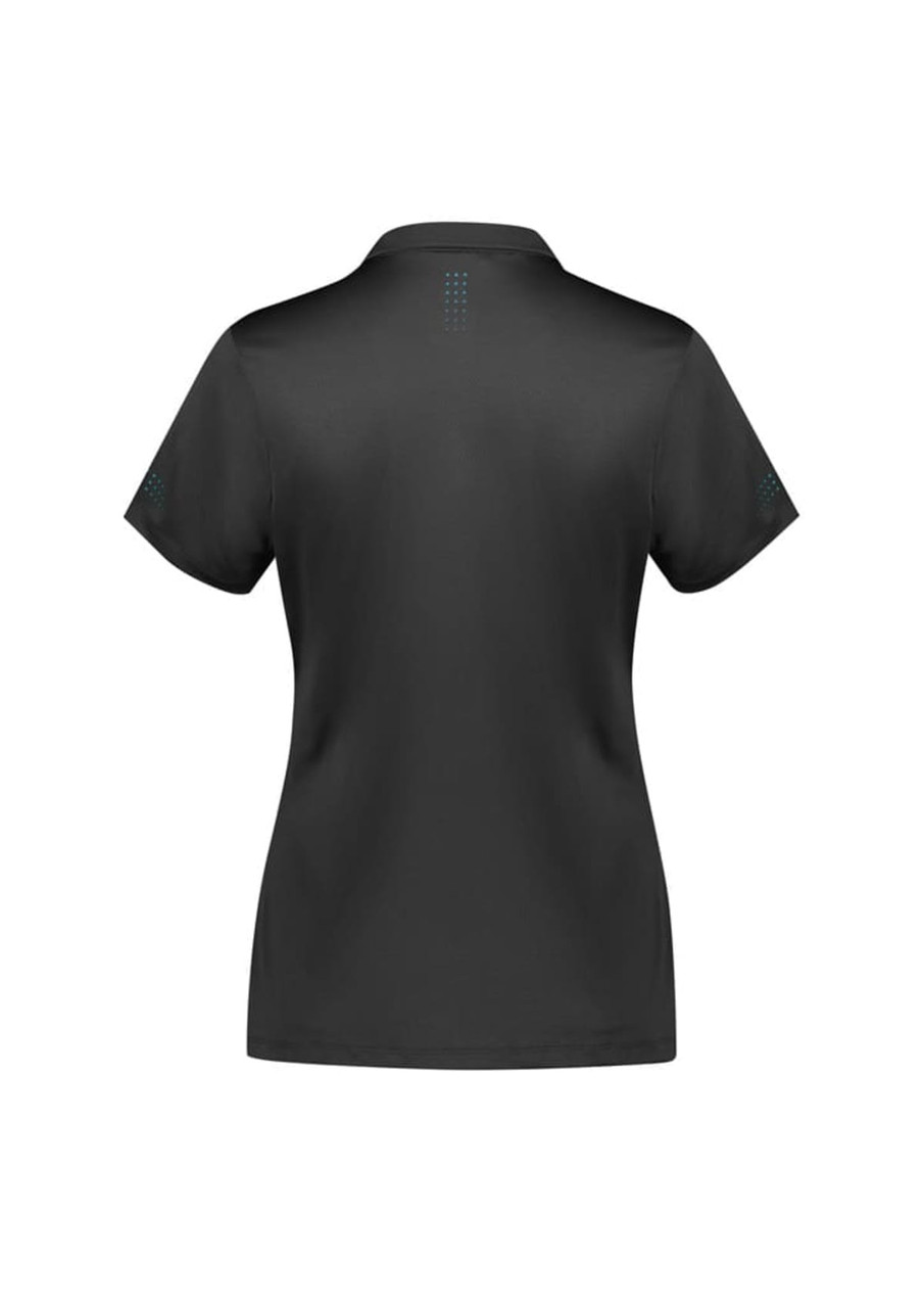 A women's short sleeve polo shirt in black, featuring a branded logo and a sleek design.