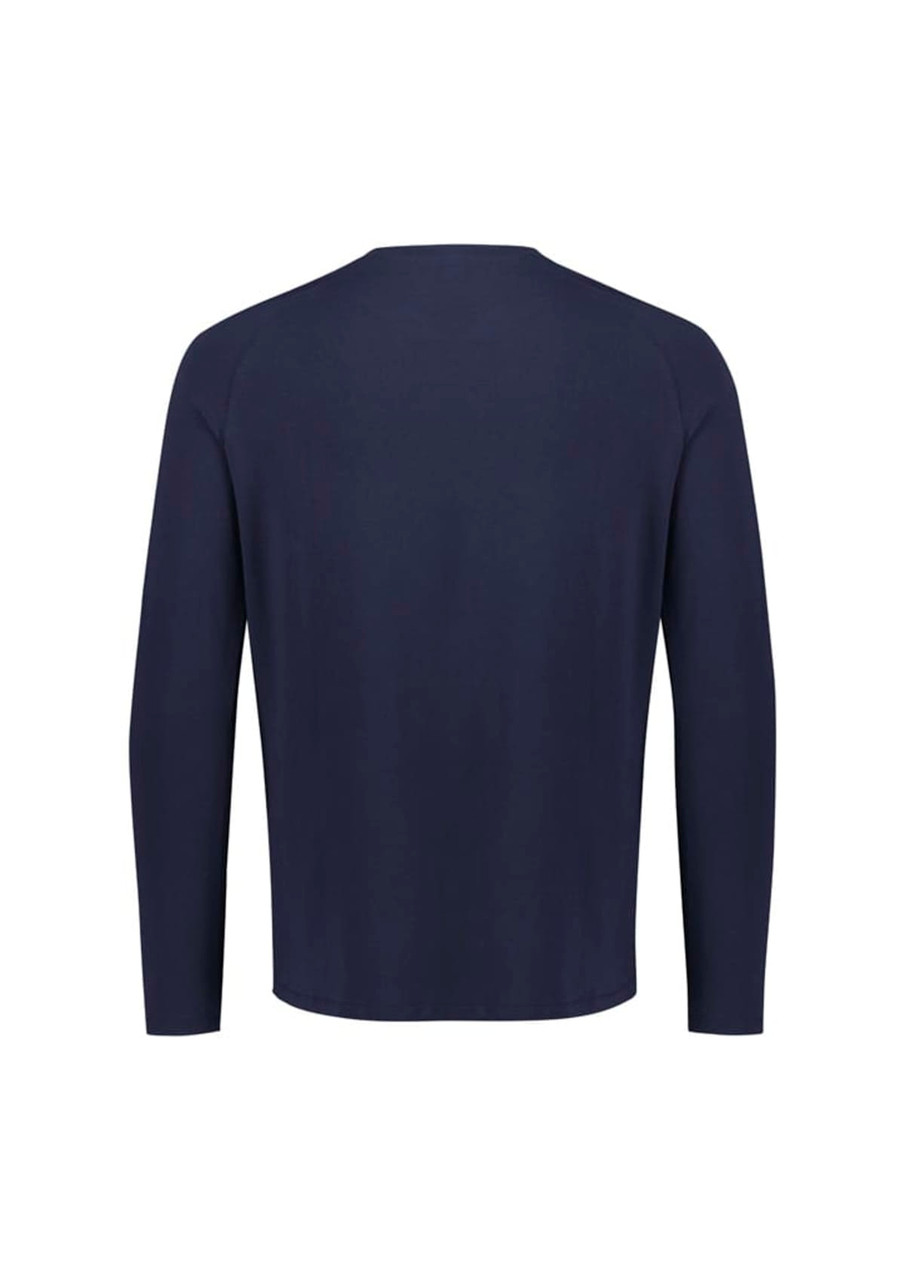 A navy long sleeve tee with a simple design and a branded logo on the back.