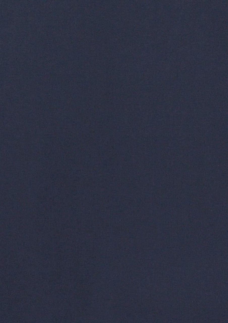 A navy blue button-up shirt with a logo, featuring short sleeves and a classic design.