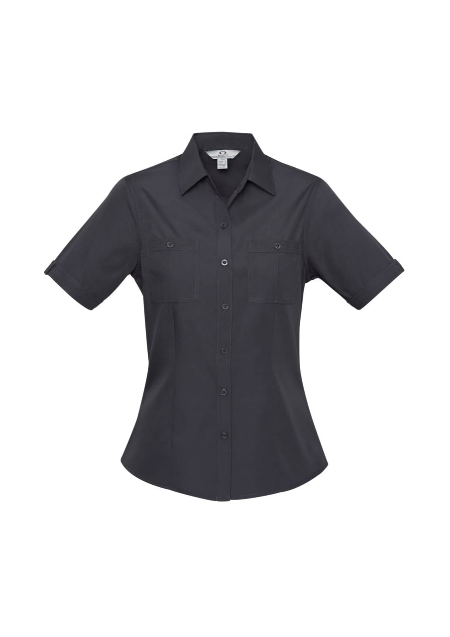 A women's short sleeve button-up shirt in dark grey, featuring dual chest pockets and a tailored fit.
