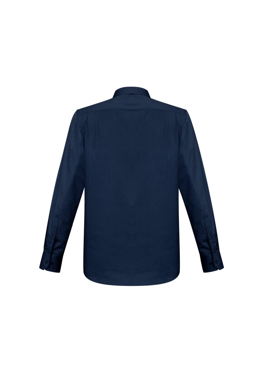 A navy blue long sleeve button-up shirt with a collar and cuffed sleeves. Features a logo.