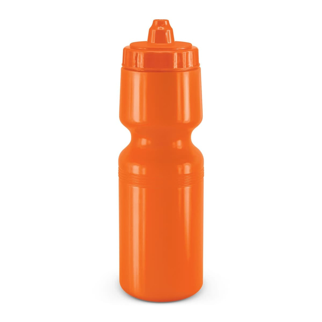 A drink bottle in bright orange with a squeezable design and a flip-top cap.