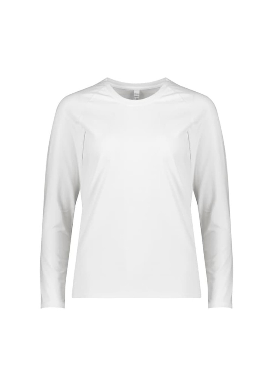 A white long sleeve women's performance tee with a simple design and a logo on the front.