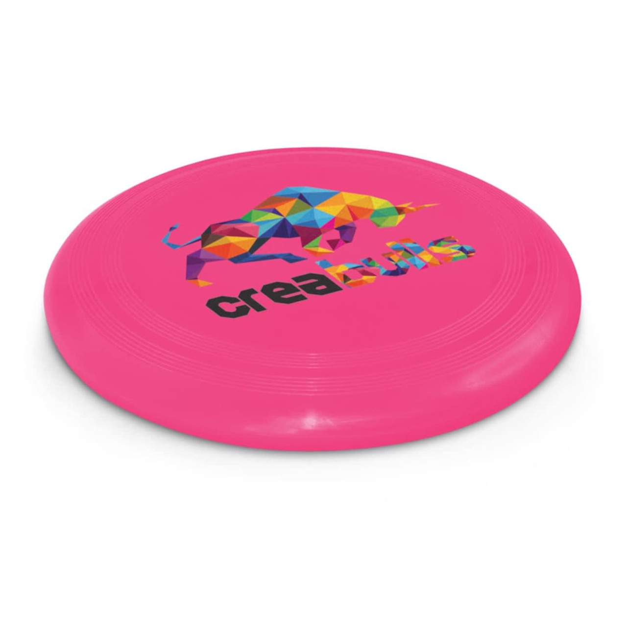 A large pink frisbee featuring a colorful geometric bull design and the text "creabulls."