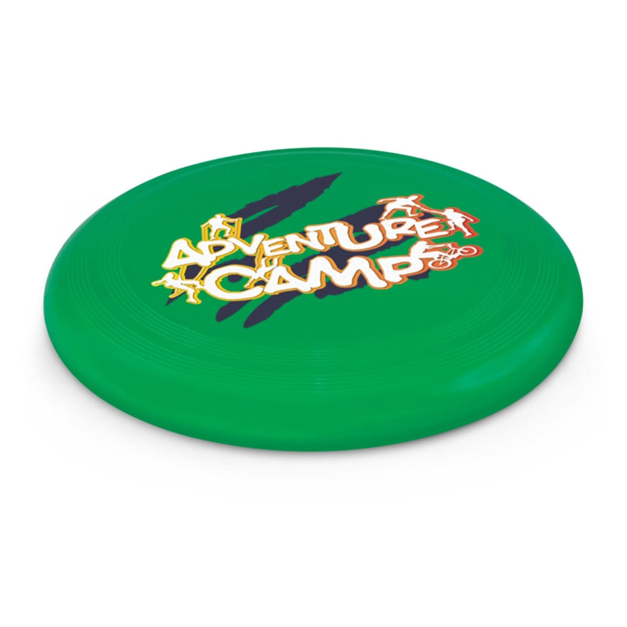 A green frisbee prominently featuring the text "ADVENTURE CAMP" in bold, colorful lettering.