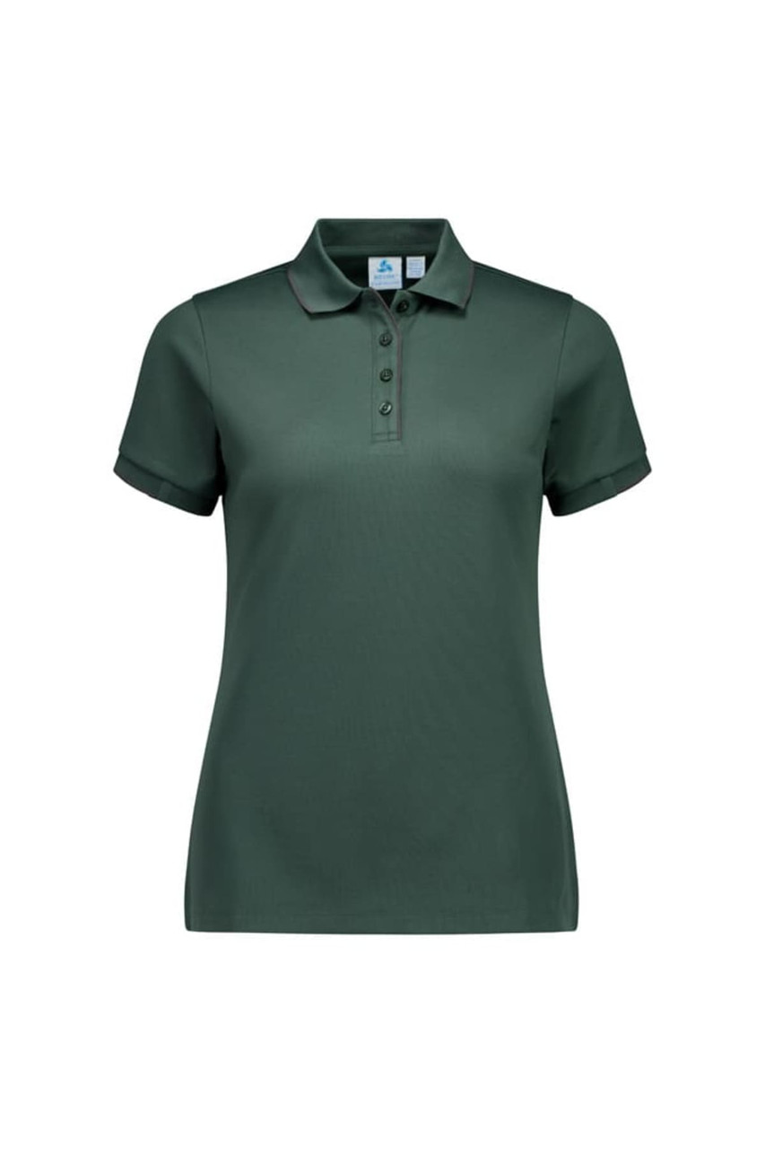 A women's short sleeve polo shirt in dark green with a collar and button placket, featuring a logo.