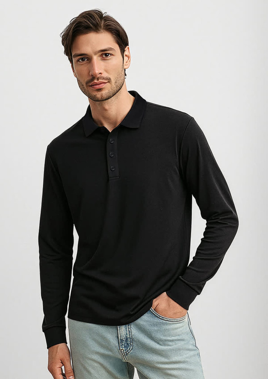 A black long sleeve polo shirt for men featuring a collar and button placket, with a model wearing it.