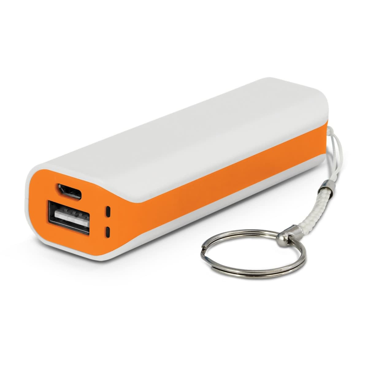 A power bank in white and orange with a keychain attachment and USB port. It has a sleek, compact design.