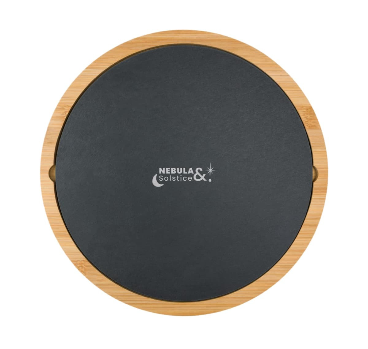 A round bamboo cheese board with a black slate top and a logo printed on it.