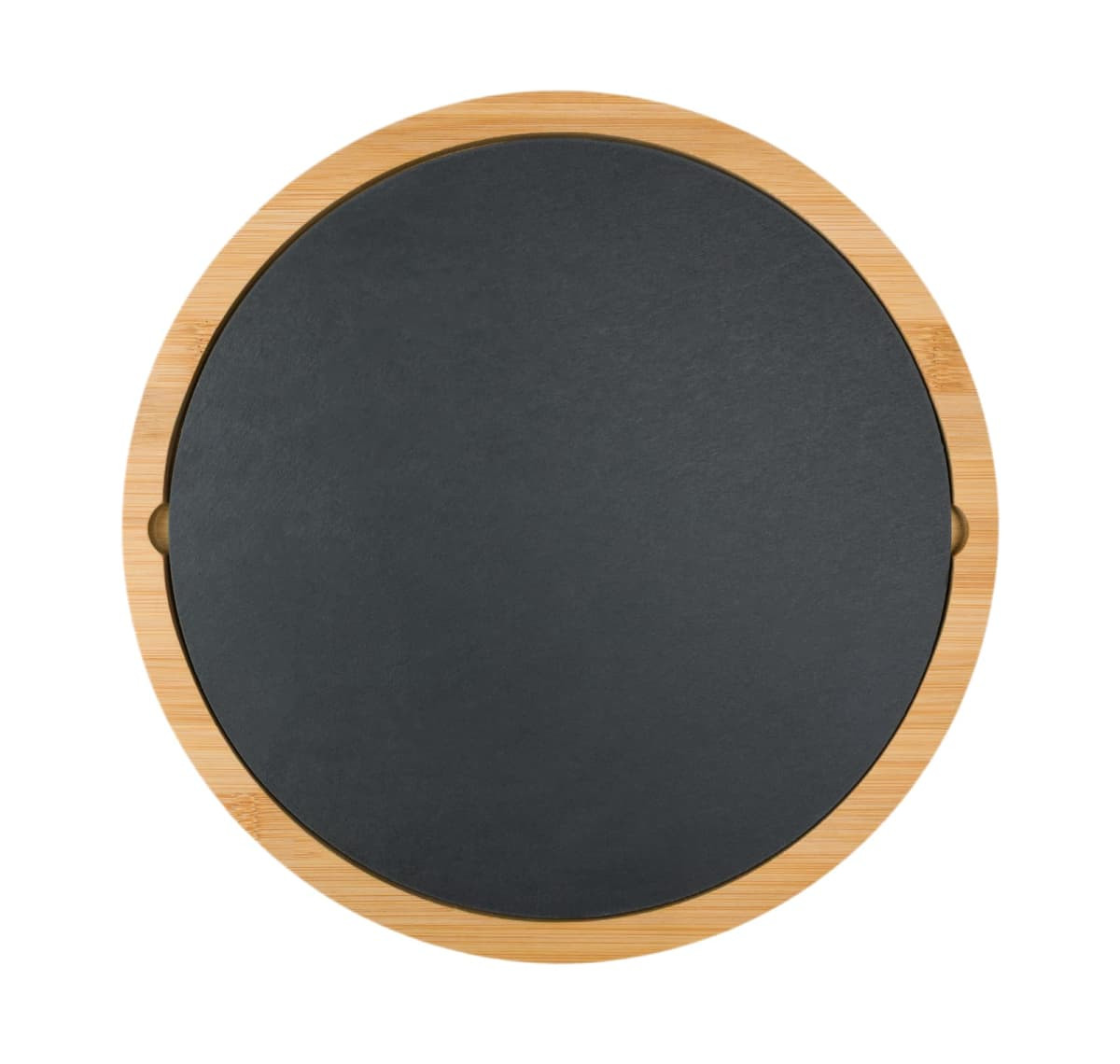 A round, grey slate cheese board with a bamboo wooden rim, featuring a smooth surface and natural finish.