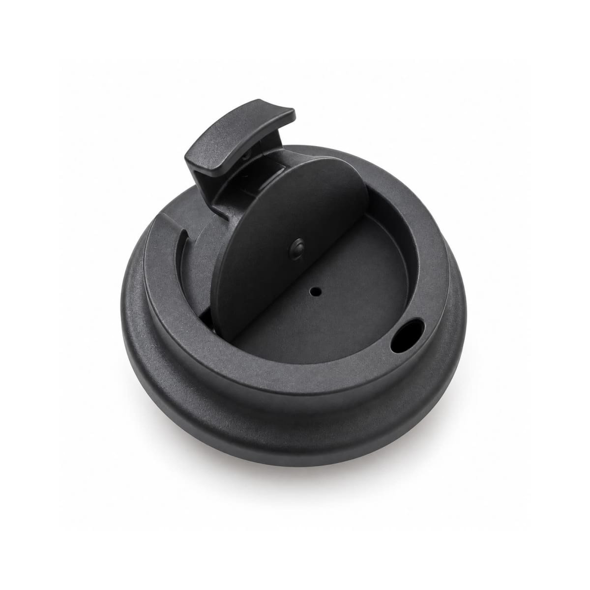 A black coffee cup lid designed for a reusable coffee cup, featuring a sliding opening.