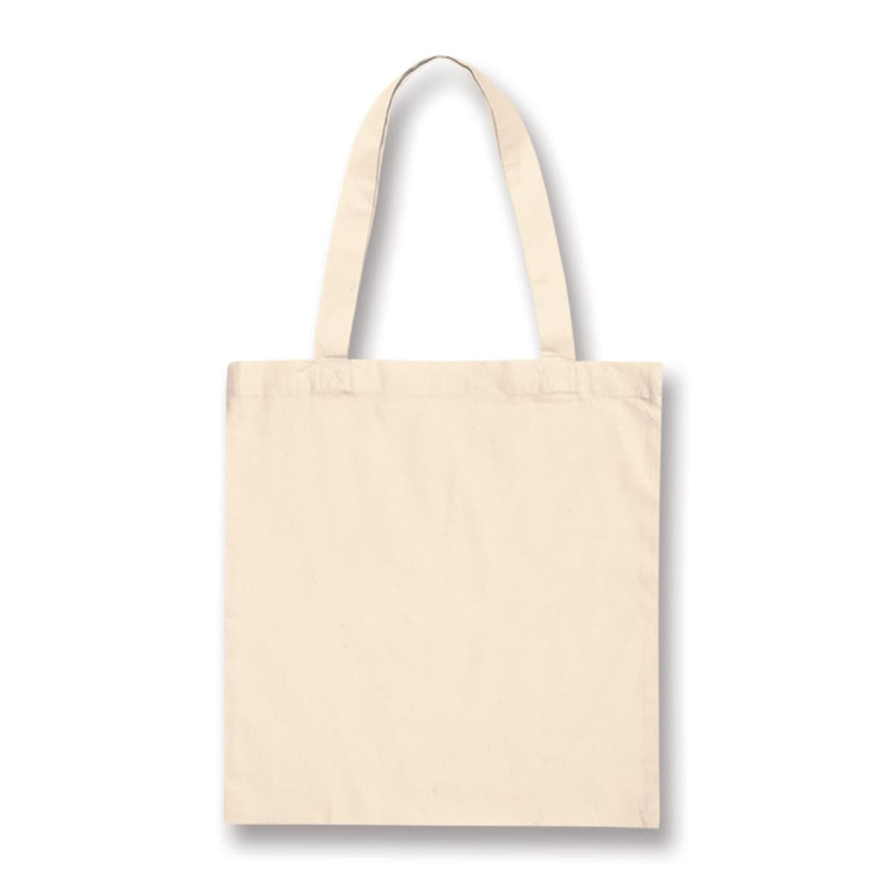A cotton tote bag in a neutral beige color with long handles for easy carrying. A cotton tote bag in a neutral beige color with long handles for easy carrying.