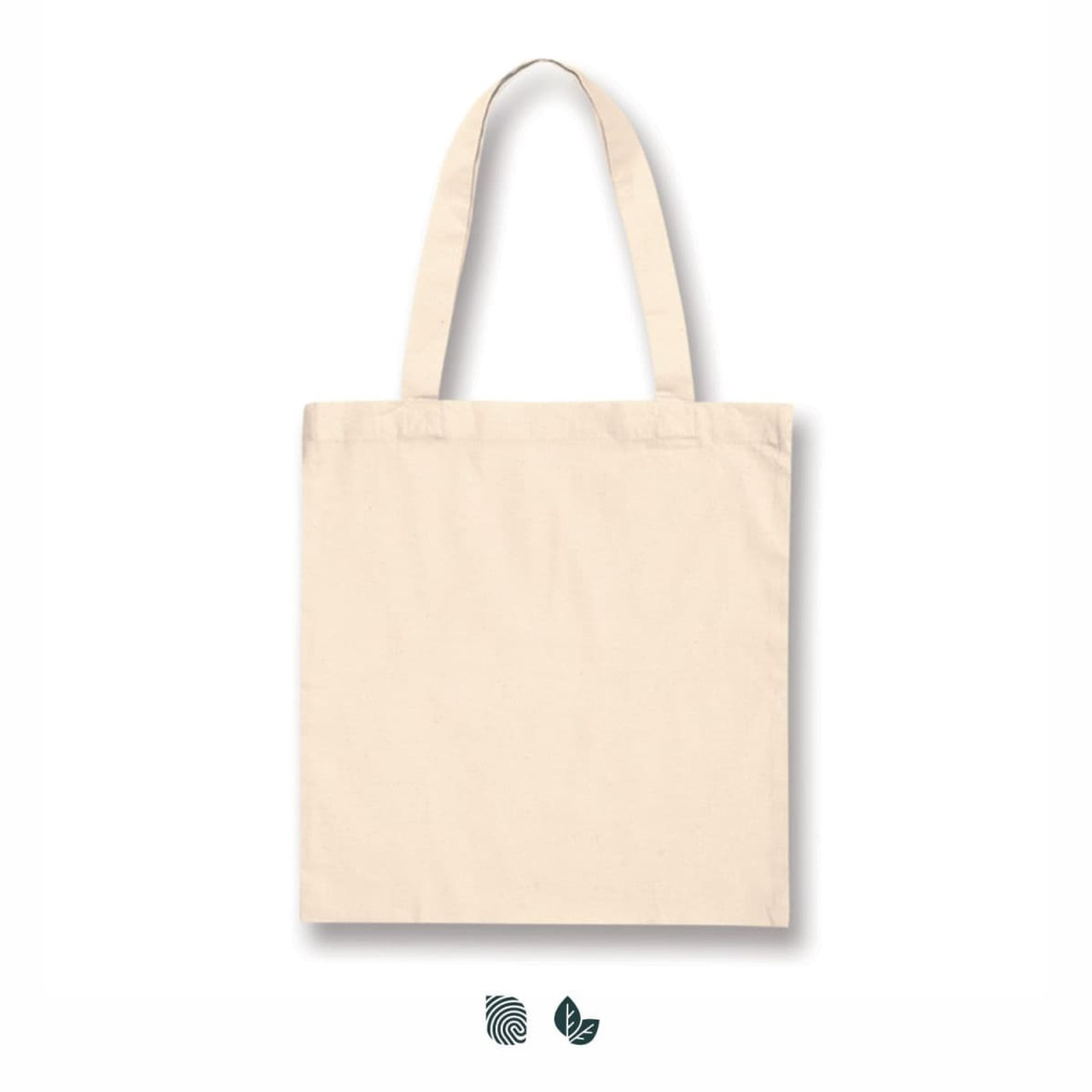 A plain beige cotton tote bag with two handles and a logo. The bag is rectangular in shape. A plain beige cotton tote bag with two handles and a logo. The bag is rectangular in shape.
