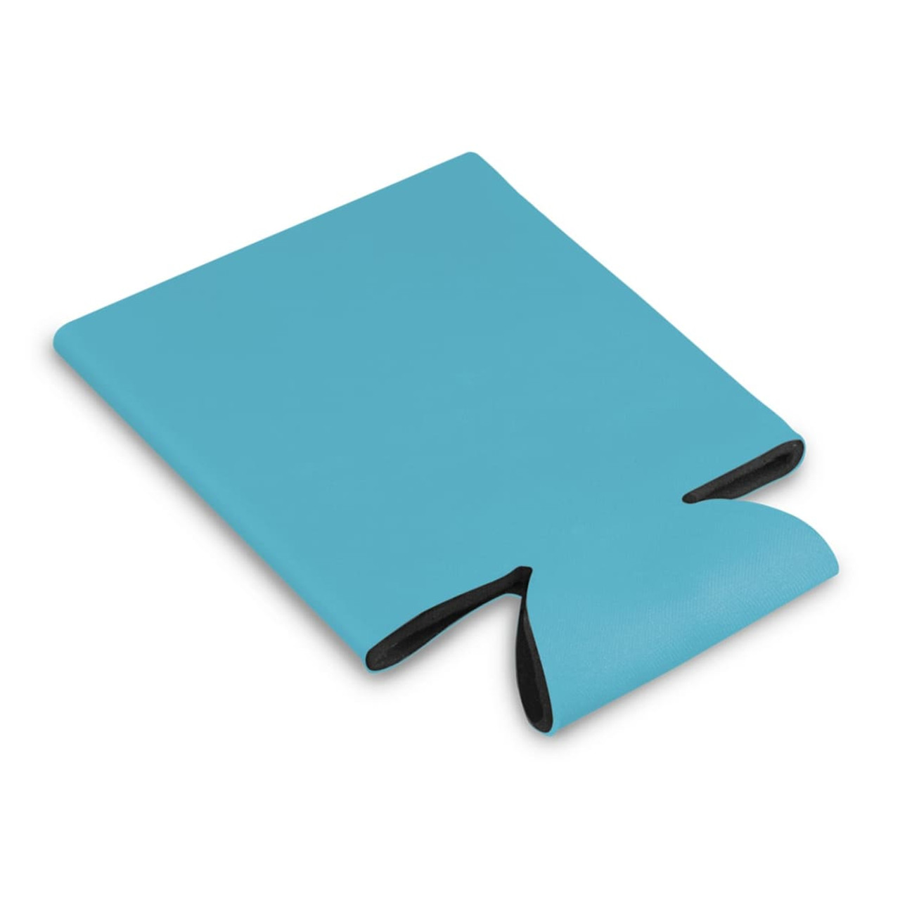 A budget stubby cooler in a light blue colour, featuring a sleek design and a black interior.