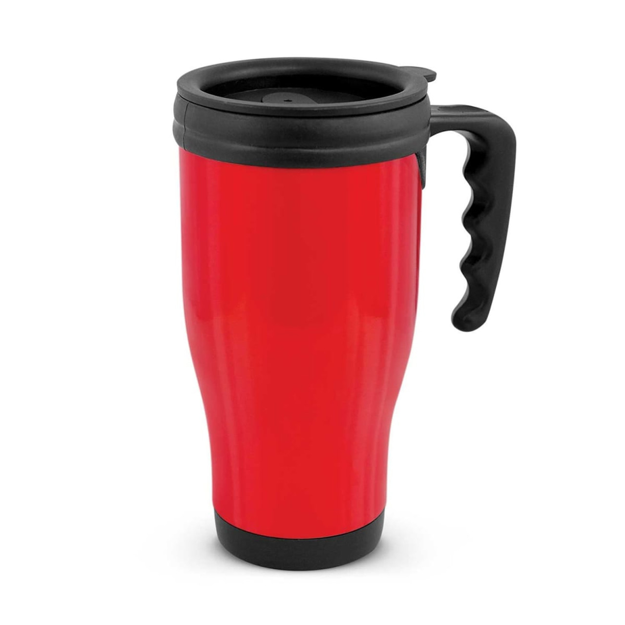 A drink bottle featuring a vibrant red body and a black handle, designed for convenient travel with a spill-proof lid.
