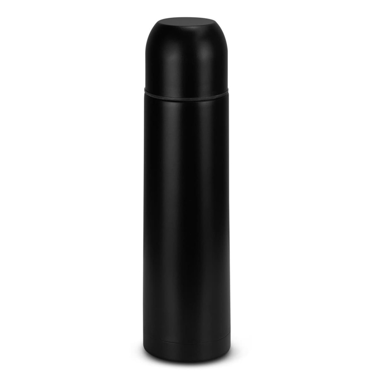 A drink bottle with a sleek black design and a rounded lid, featuring a 750ml capacity.