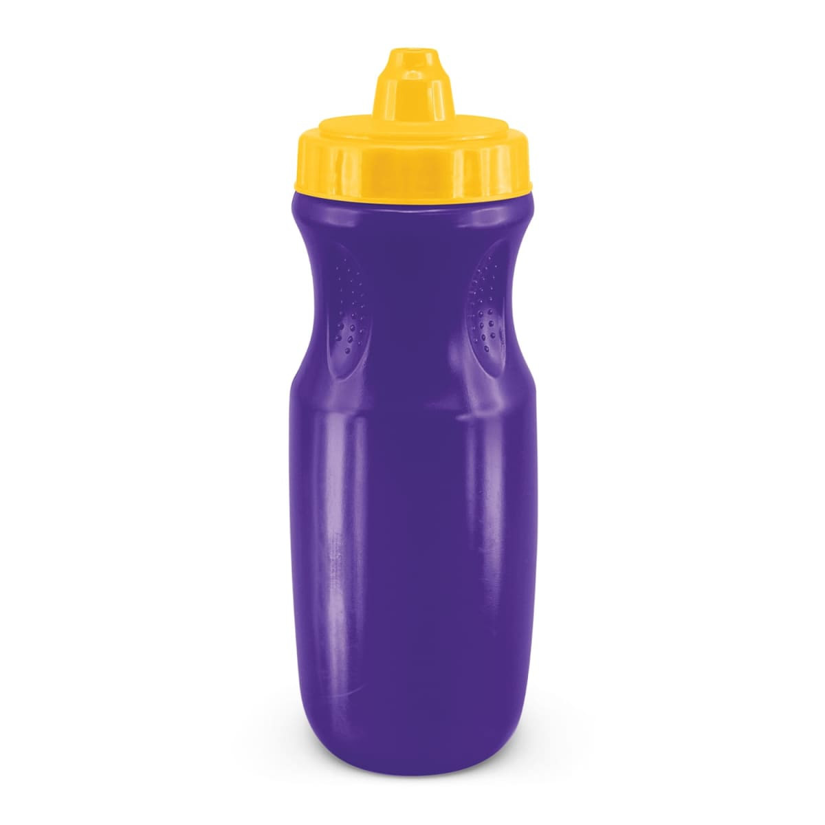 A drink bottle in purple with a yellow lid, featuring a curved design and a logo.