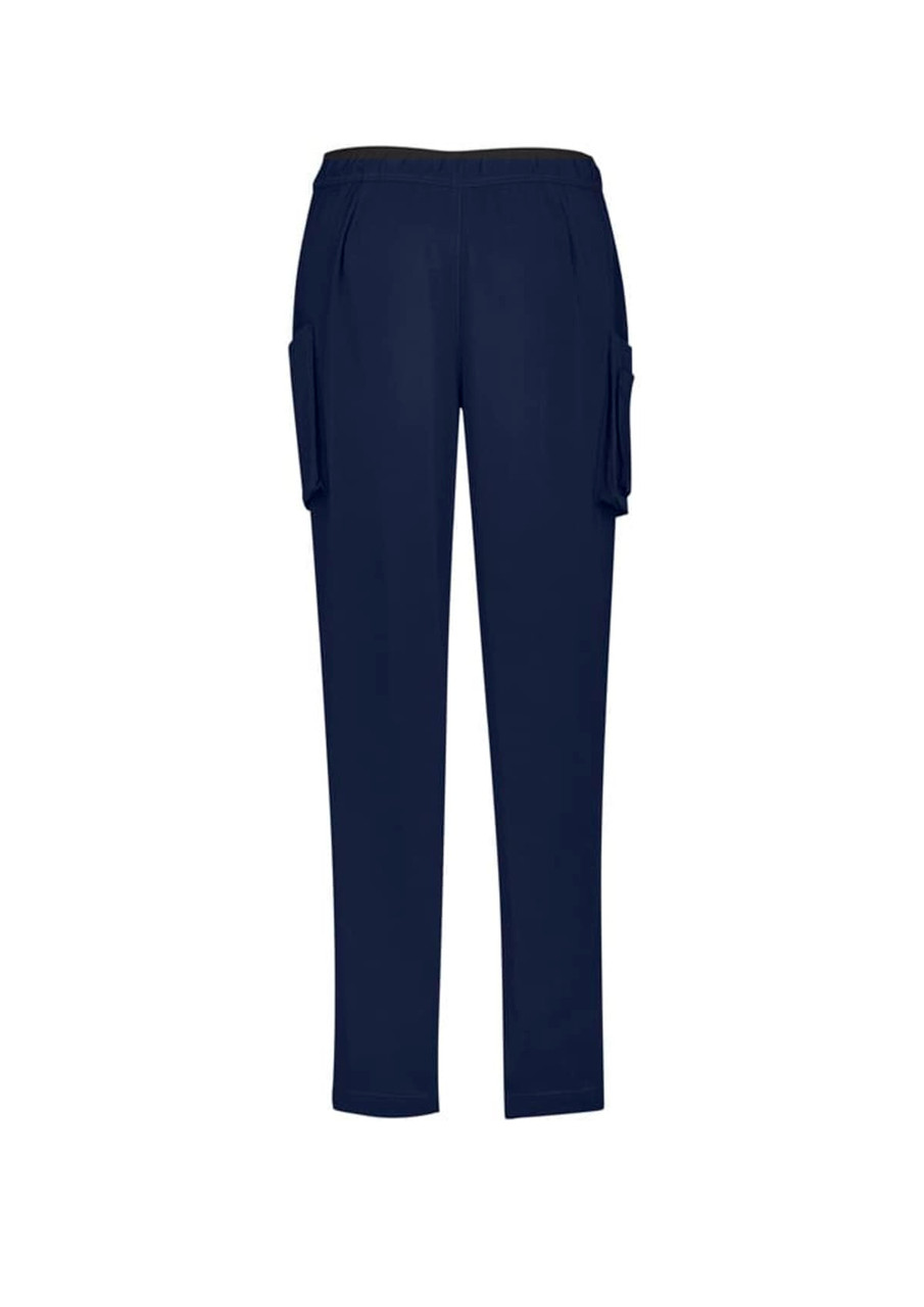 Navy women's slim leg scrub pants featuring side pockets and an elastic waistband. Includes a logo on the waistband.