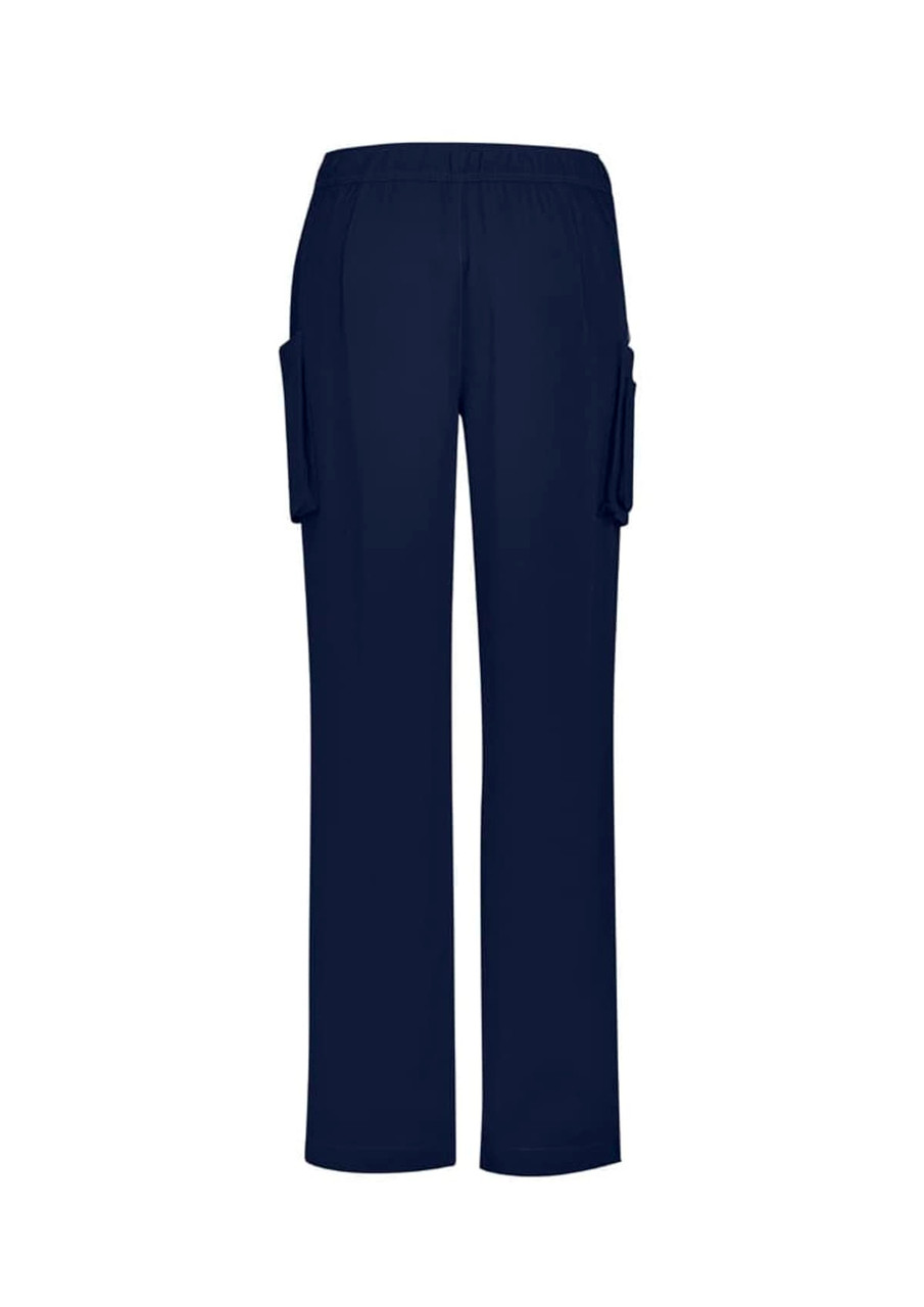 Navy women's straight leg scrub pants with two side pockets and an elastic waistband. Features a logo.