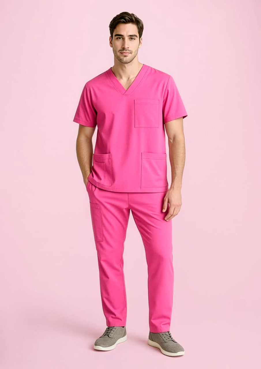 Unisex pink scrub pants featuring a slim fit and pockets, paired with a matching pink top.