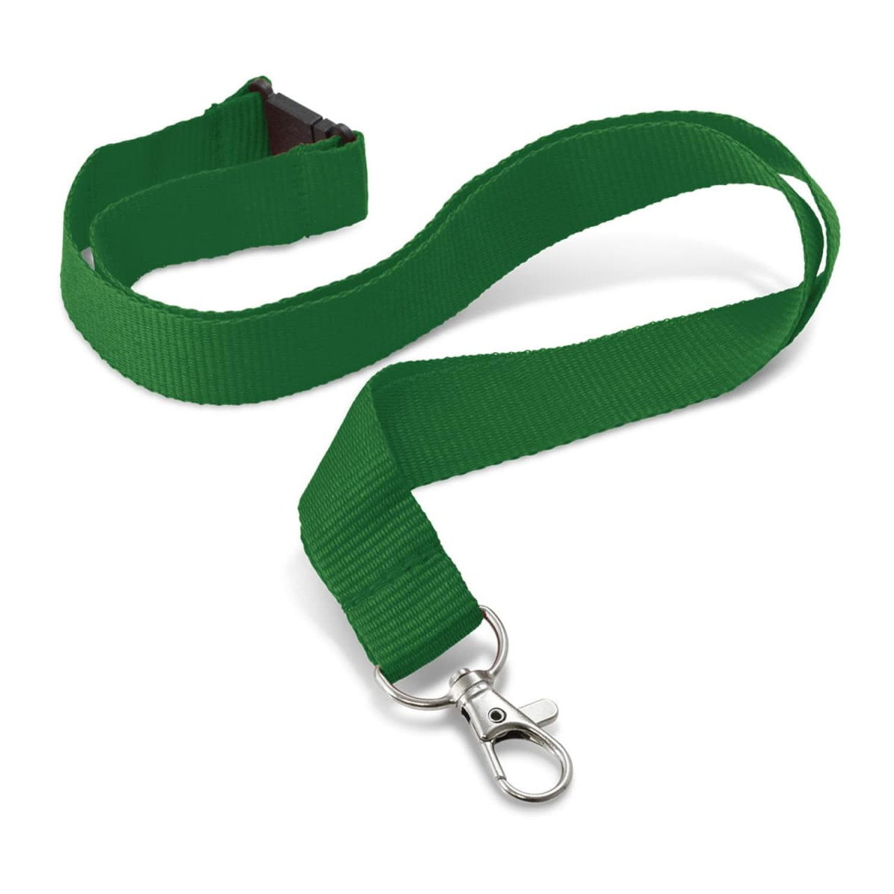 A green 20mm custom printed lanyard with a metal clip for attaching ID cards or keys.