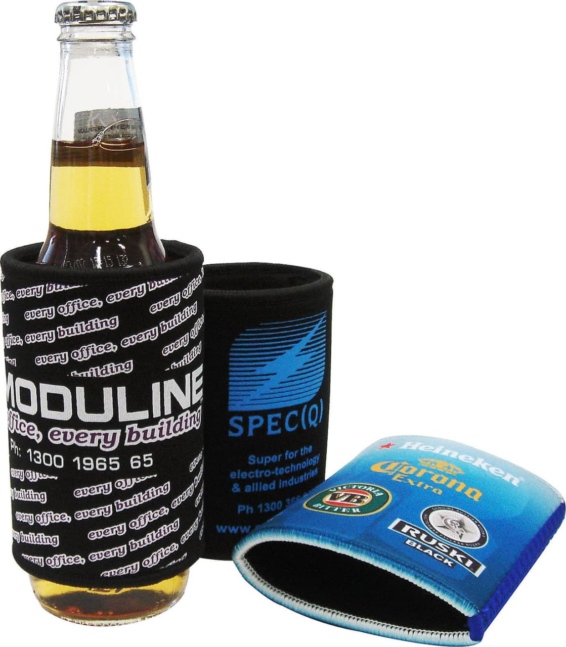 A drink bottle in a black, branded can cooler, alongside a blue and a grey can cooler with logos.