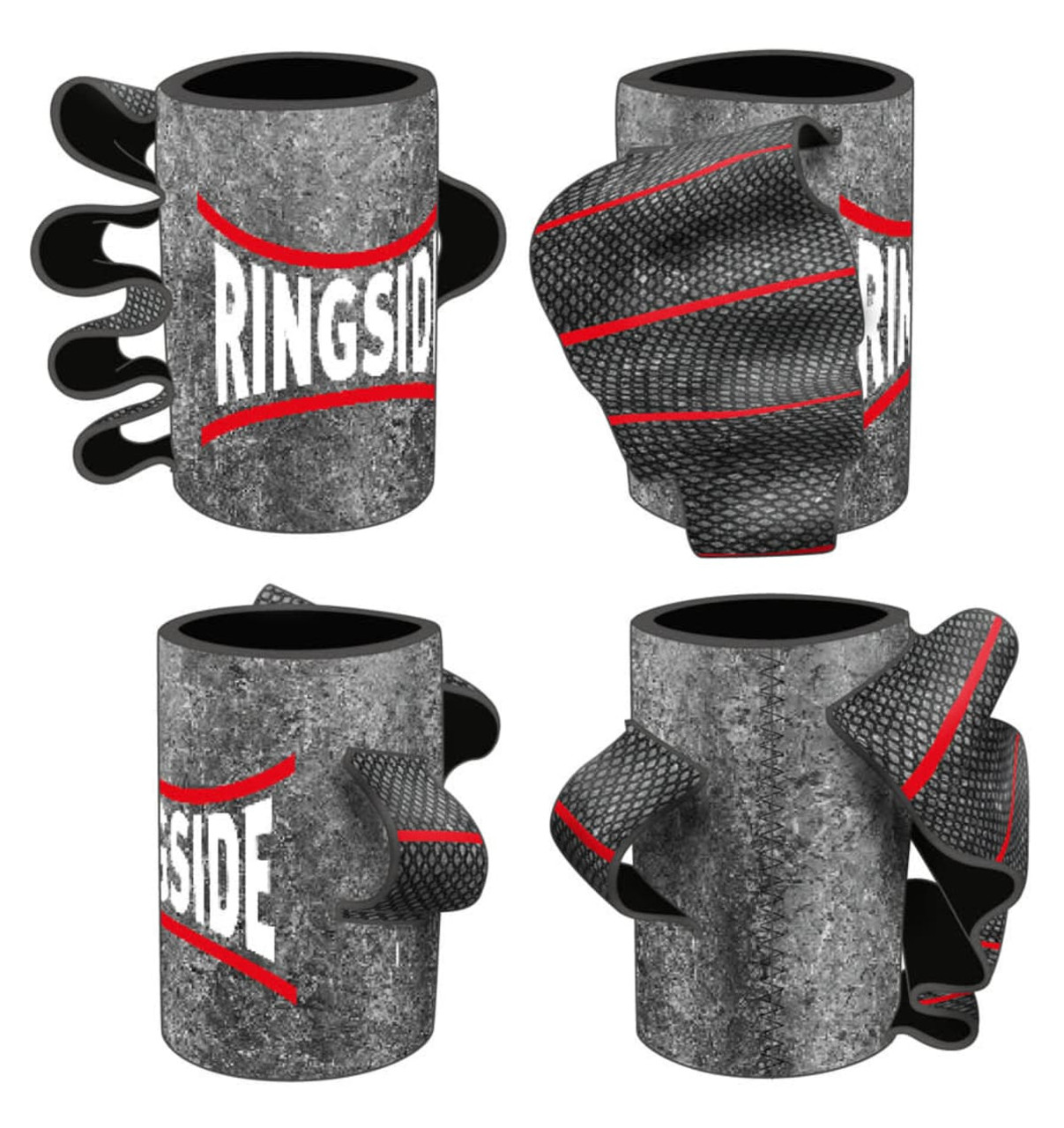 A drink can cooler in grey with a textured finish and red accents, featuring a logo.