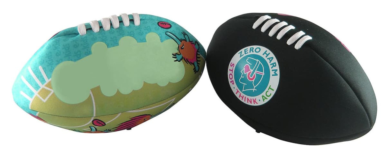 A medium-sized football featuring a colourful design on one side and a black finish with a logo on the other.