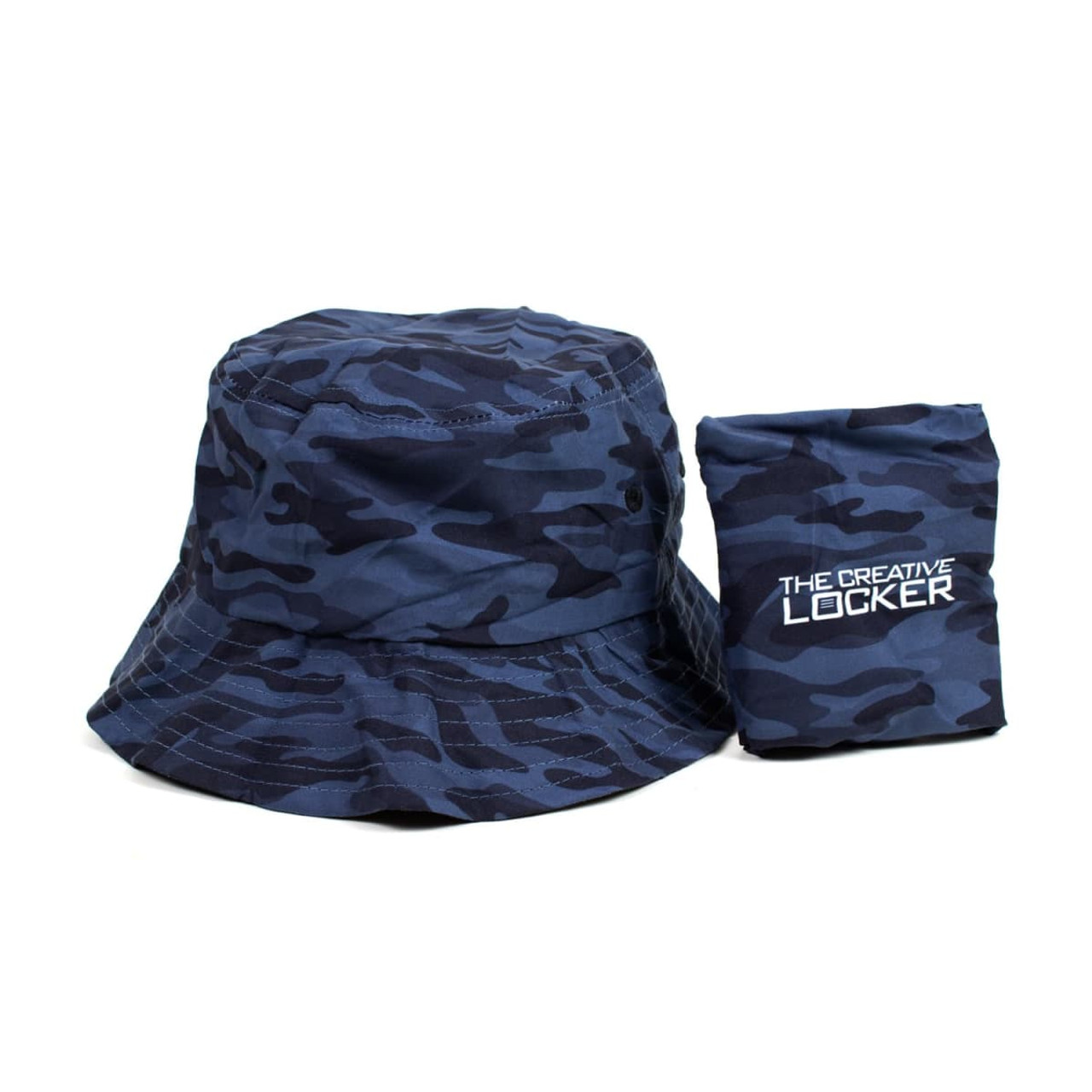 A navy camouflage bucket hat with a matching pouch. The hat has a logo on the side.