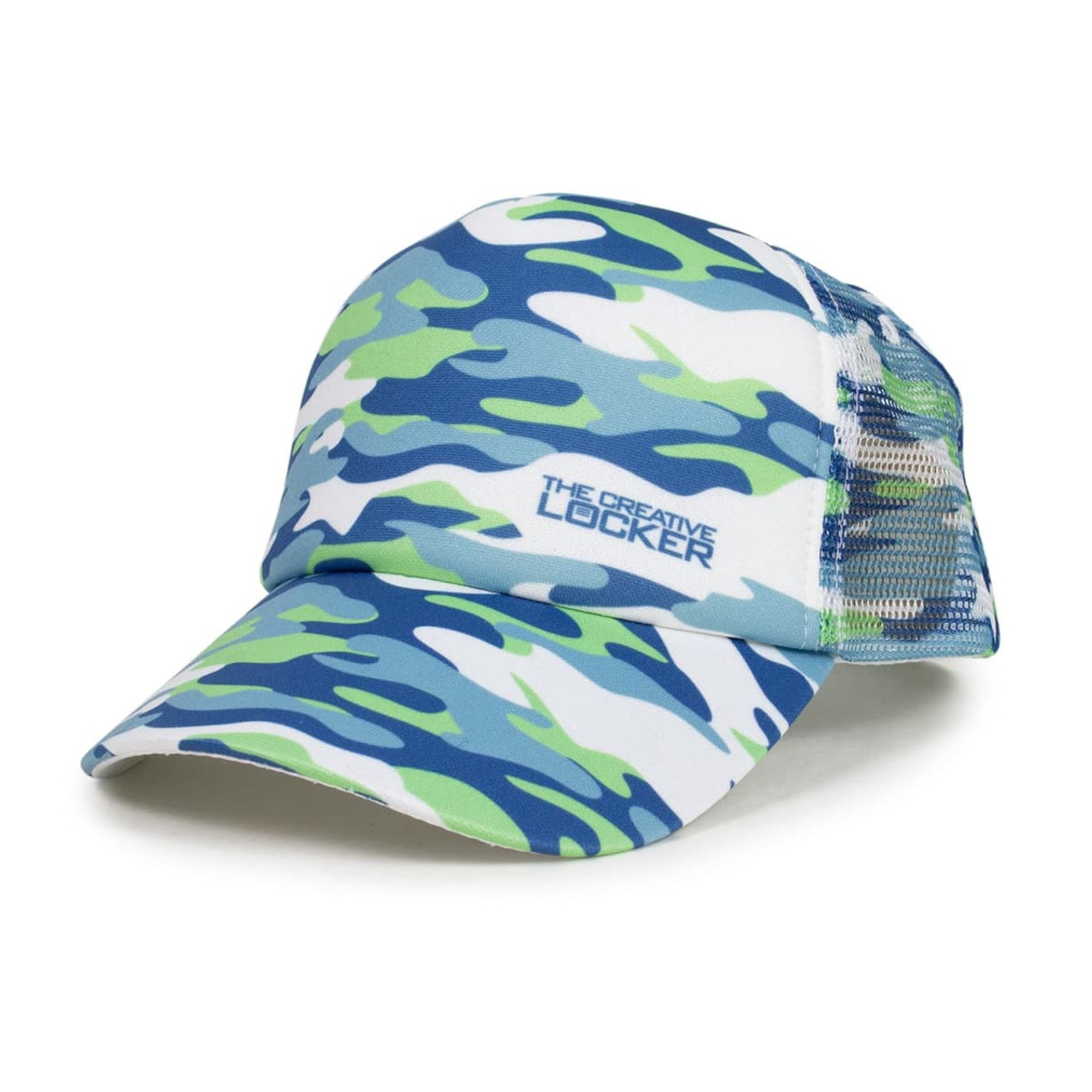 A truckers cap featuring an all-over blue and green camouflage pattern, with a branded logo on the front.