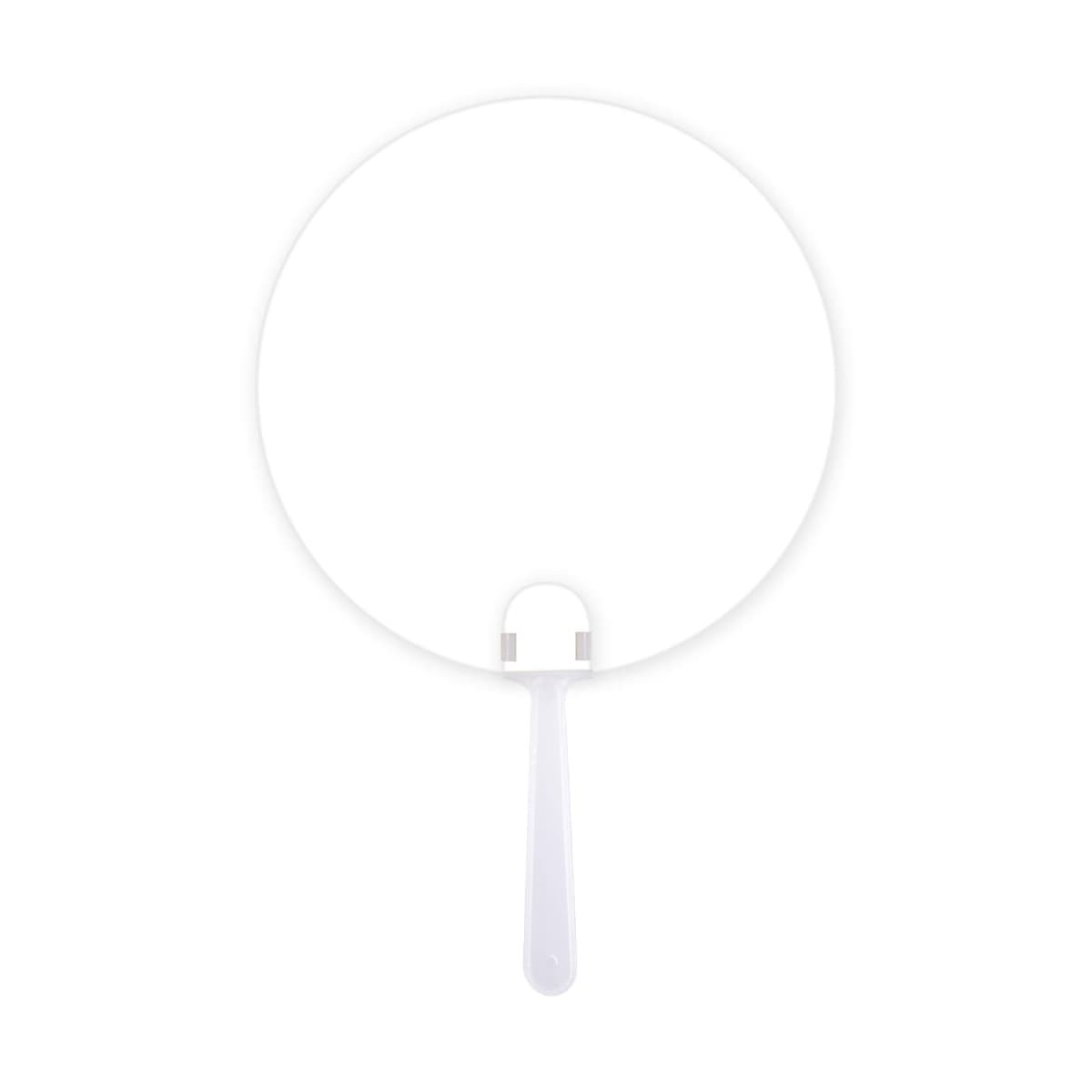 A circular white fan with a handle, featuring a simple design and a logo on the handle.