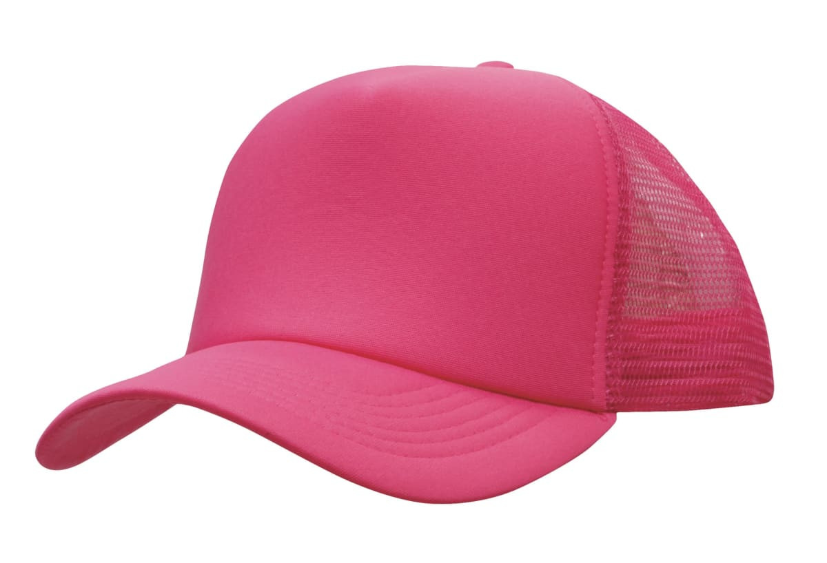 A pink trucker mesh cap featuring a solid front panel and a mesh back, with a curved brim.