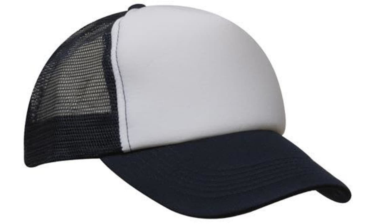 A truckers mesh cap featuring a white front panel and navy blue brim and mesh back. It has a logo on the front.