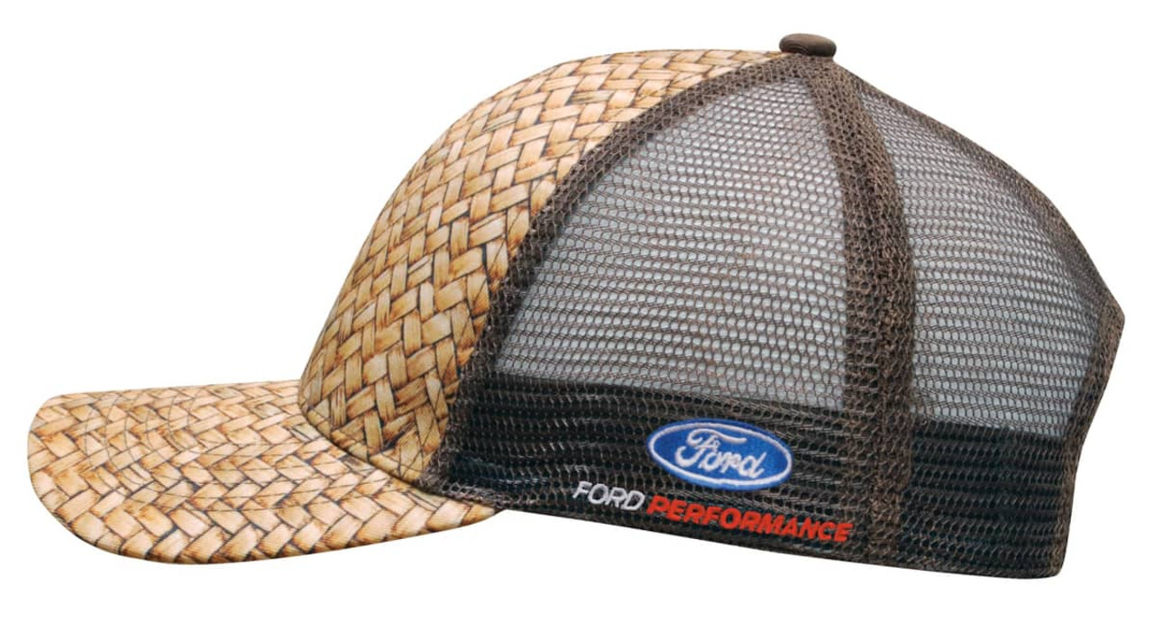 A mesh-back cap featuring a woven pattern in tan and brown colours, with a branding logo on the back.