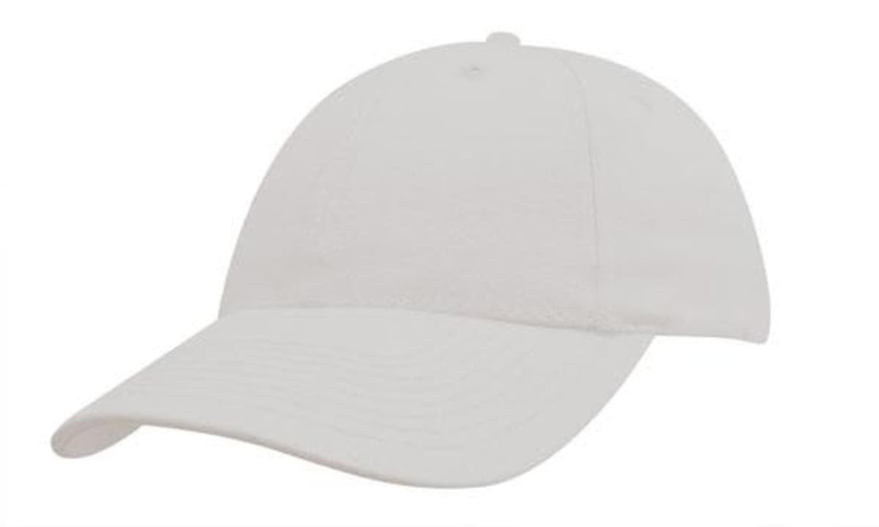 A white brushed heavy cotton youth-sized cap with a curved brim and a logo on the front.