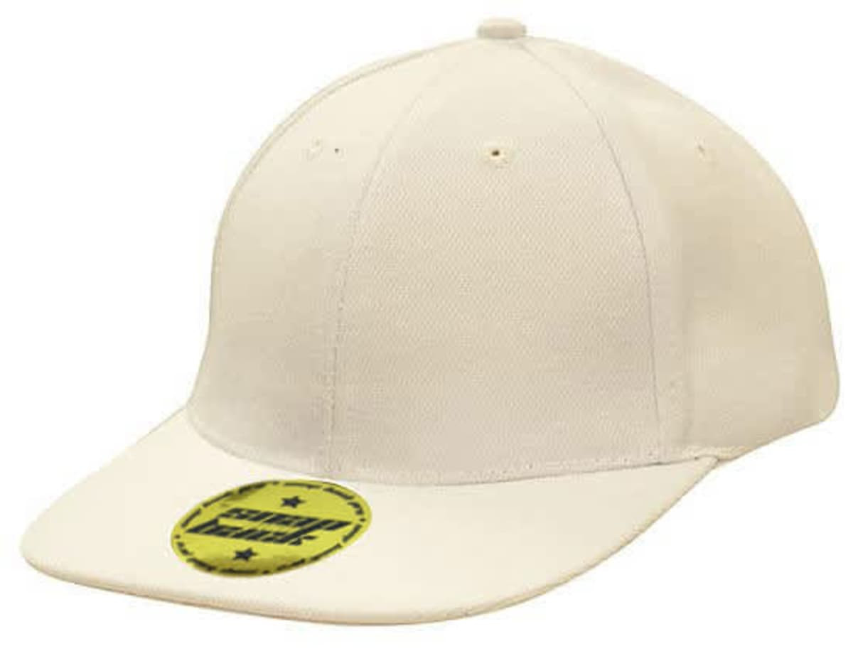 A beige cap with a snapback design and a circular logo on the bill.