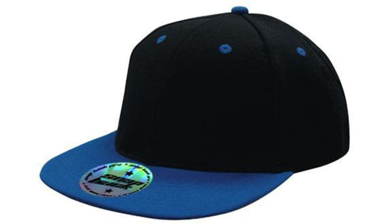 A two-tone cap featuring a black body and a blue brim, with a logo on the front.