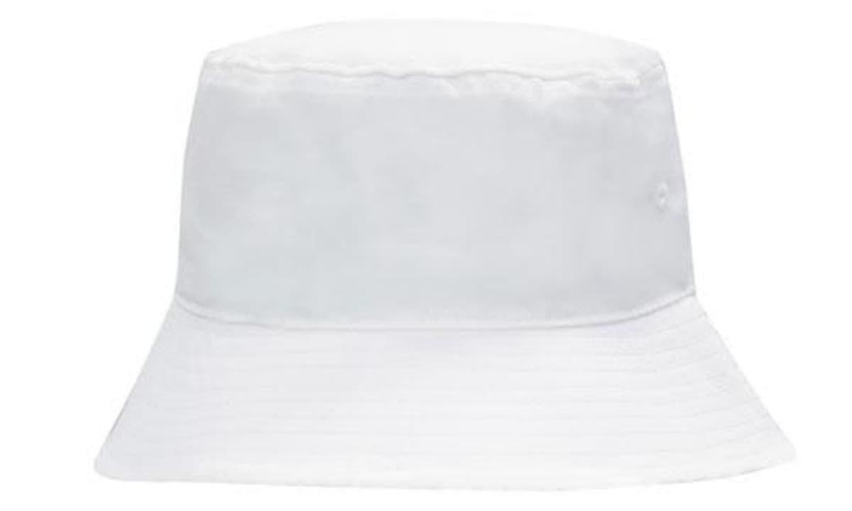 A white breathable poly twill bucket hat featuring a wide brim and a logo.
