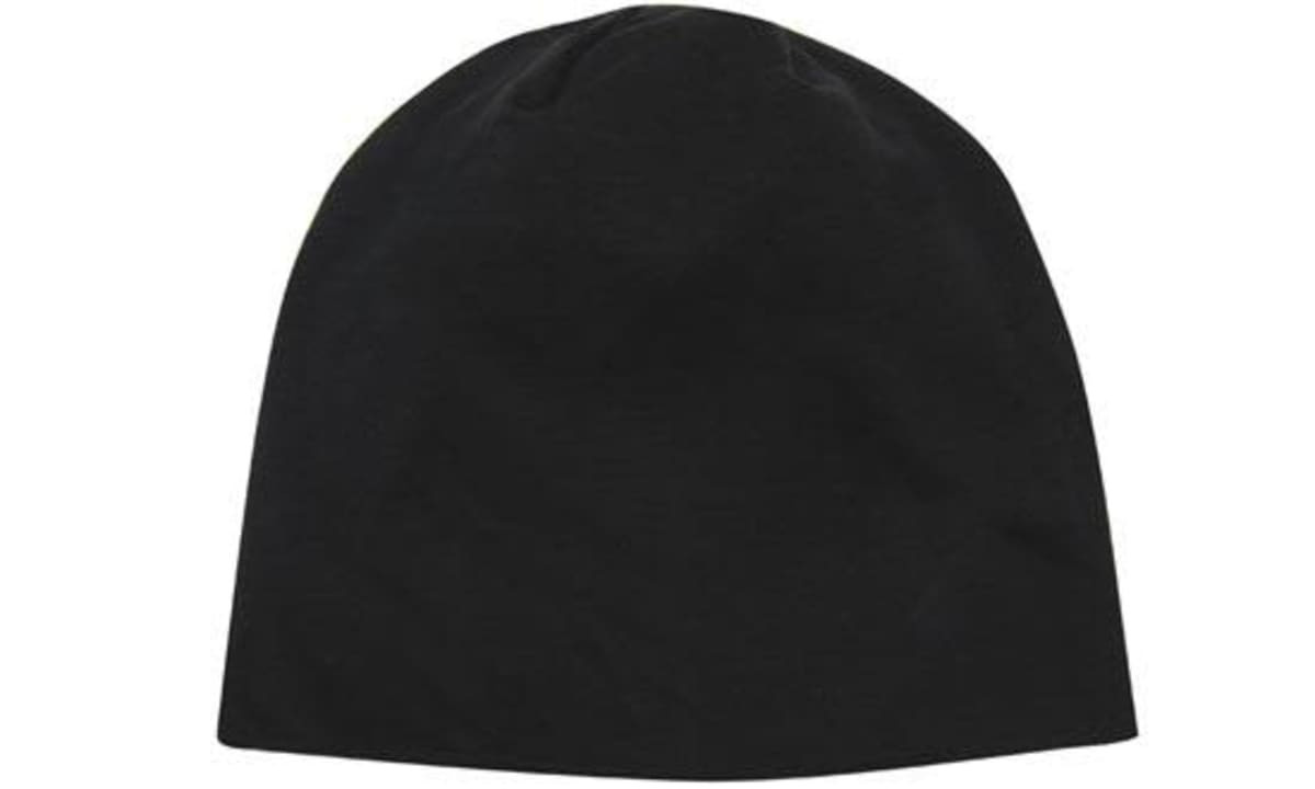 A black cotton beanie toque with a smooth finish. It features a simple design and has a logo.