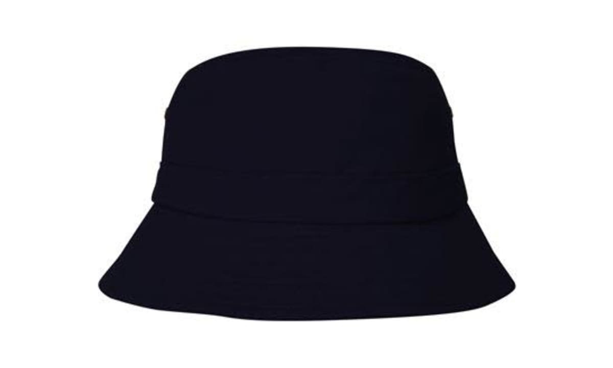 A navy blue infants bucket hat with a wide brim and a subtle logo on the side.