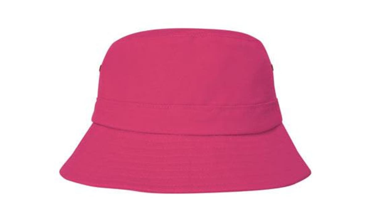A pink brushed sports twill infants bucket hat with a simple design and an interior logo.