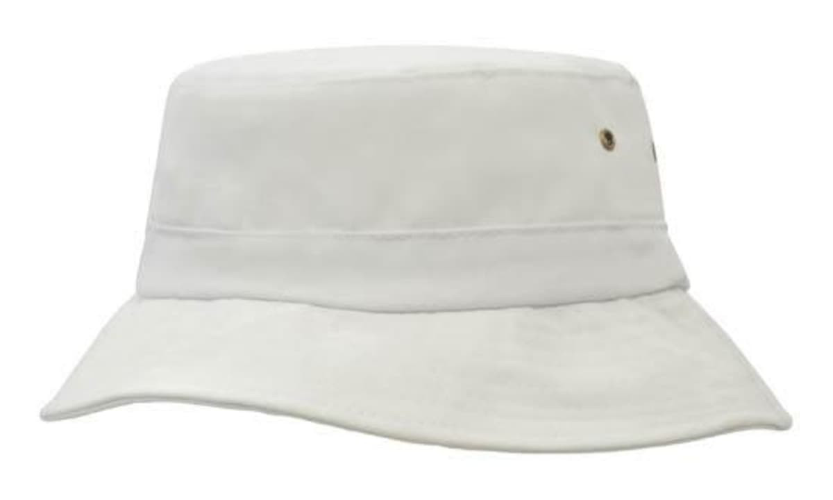 A white bucket hat made from brushed sports twill, featuring a branded logo on the side.