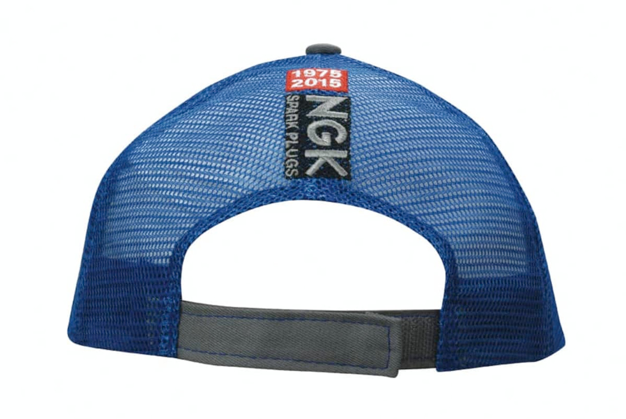 A cap with a blue mesh back, featuring a grey strap and embroidered branding on the back.